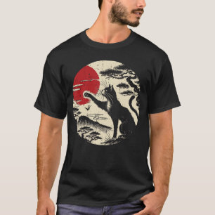 Japanische Katze erreicht roten Mond Vintage-Kunst T-Shirt