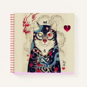 JAPANISCHE KATZE IN SCHLANGENTATTOO ,Rotes Herz Notizblock