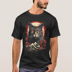 Japanische Katze mit Kirschblüten und Mt Fuji T-Shirt