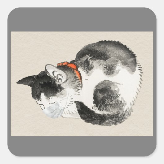 JAPANISCHE KATZE MIT MASK-STICKERS-ETIKETTEN QUADRATISCHER AUFKLEBER (Vorderseite)