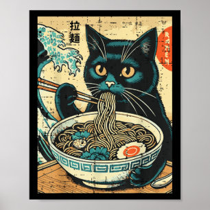 Japanische Katze Ramen Große Welle Vintage-Kunst E Poster