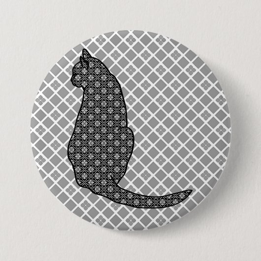 Japanische Katze - Schwarz-Weiß-Kimono-Druck Button (Vorderseite)