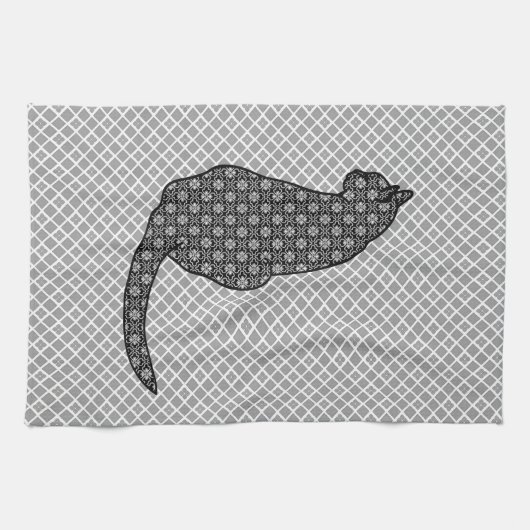 Japanische Katze - Schwarzweiss-Kimono-Druck Handtuch (Horizontal)