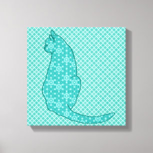 Japanische Katze - Türkisfarben Kimono Print Leinwanddruck