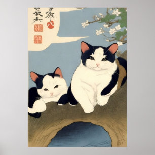 Japanische Katzen blühender Baum Wandkunst Poster