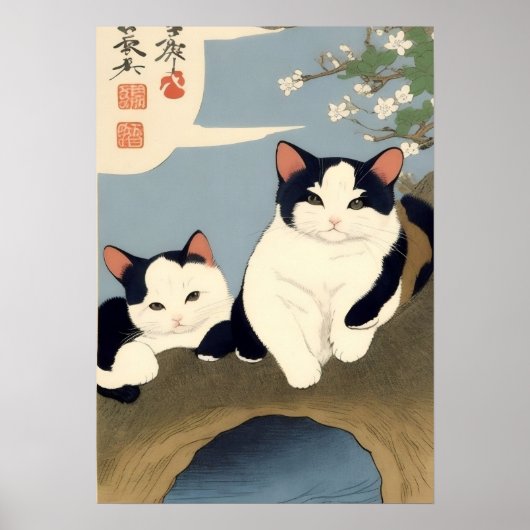 Japanische Katzen blühender Baum Wandkunst Poster (Vorne)