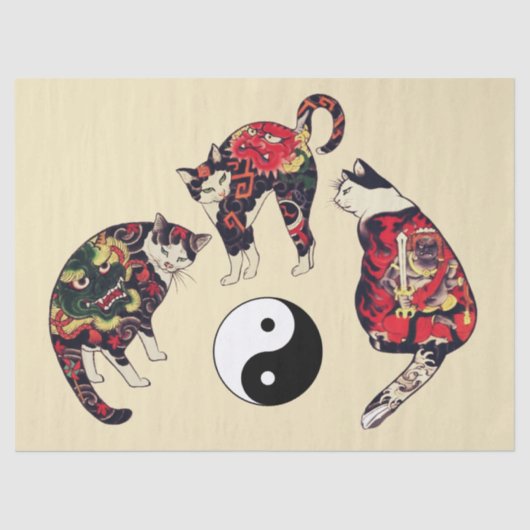 JAPANISCHE KATZEN, ROTE TATTOOS, YIN YANG SEIDENPAPIER (Vorderseite)
