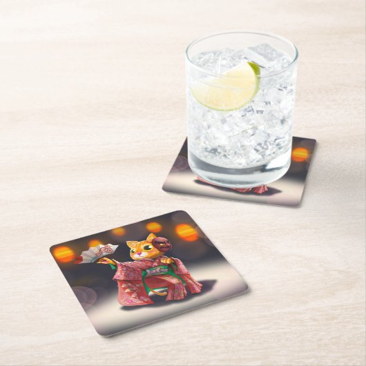 Japanische Katzentänzerin in traditionellen Kostüm Rechteckiger Pappuntersetzer (Vor Ort)