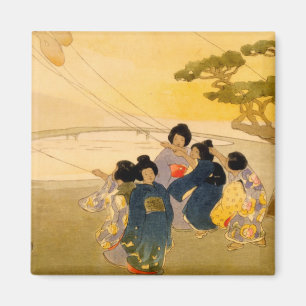 Japanische Kinder, die Drachen fliegen - Bertha Lu Magnet
