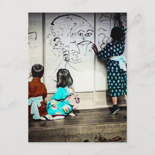 Japanische Kinder malen auf Papierwände Vintage Postkarte
