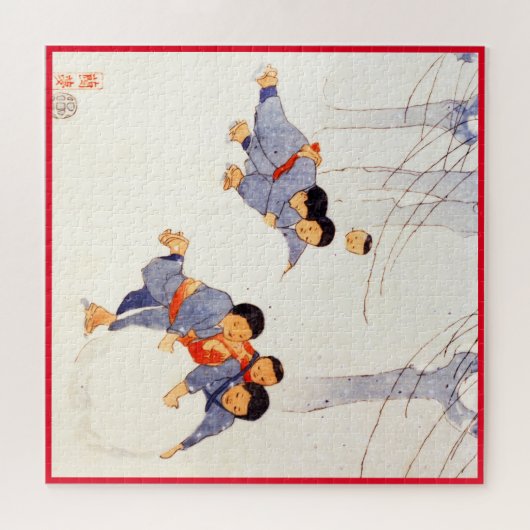 Japanische Kinder rollen große Schneebälle jigsaw Puzzle (Horizontal)