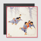 Japanische Kinder rollen große Schneebälle Magnetkarte (Vorne/Hinten)