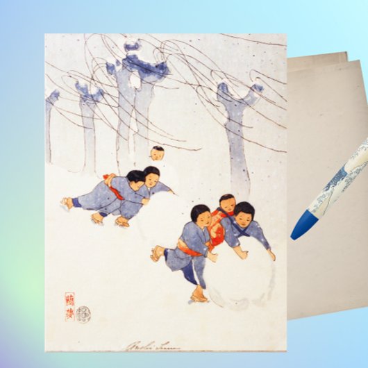 Japanische Kinder rollen große Schneebälle Postkarte
