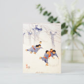 Japanische Kinder rollen große Schneebälle Postkarte (Stehend Vorderseite)