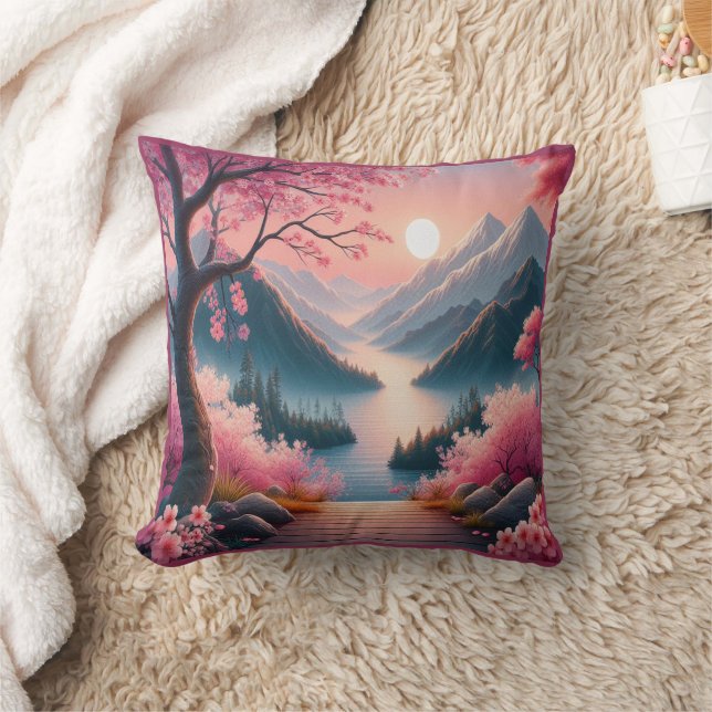 Japanische Kirschblüten Bergwald Landschaft Kissen (Decke)