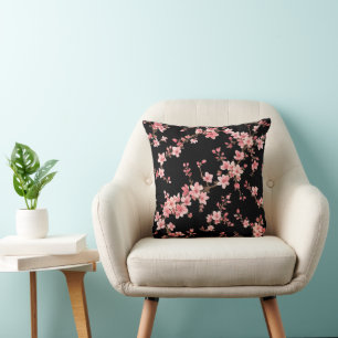 Japanische Kirschblüten Blumige Röte Pink Schwarz Kissen