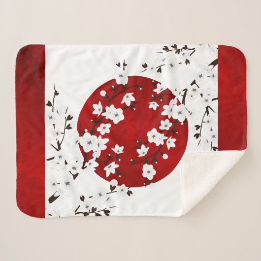 Japanische Kirschblüten Rot Schwarz-weiß Sherpadecke (Vorderseite (Horizontal))