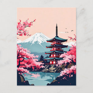 Japanische Kirschblüten und Pagode mit Mount Fuji Postkarte
