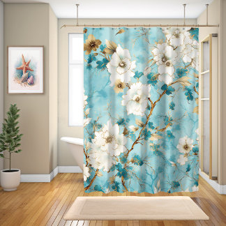 Japanische Kirschblüten Wasserfarbe, blau Duschvorhang