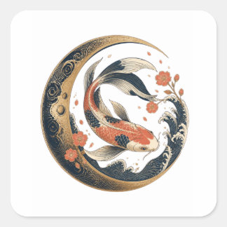 Japanische Koi-Fisch-Yin-Yang-Blumen-Tattoo-Kunst Quadratischer Aufkleber