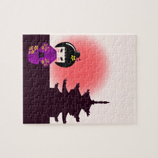 Japanische kokeshi Puppe am Tempel während des Puzzle (Horizontal)