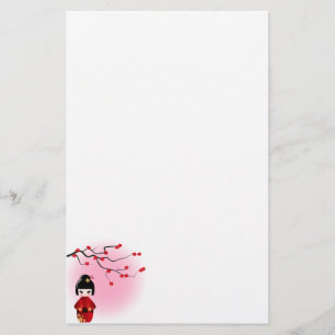 Japanische Kokeshi-Puppe bei Sakura-Blüten Briefpapier