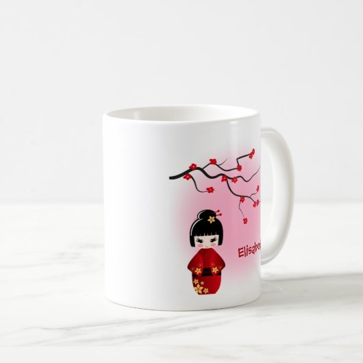 Japanische Kokeshi-Puppe bei Sakura-Blüten Kaffeetasse (VorderseiteRechts)