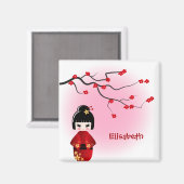 Japanische Kokeshi-Puppe bei Sakura-Blüten Magnet (Vorderseite/Rückseite)