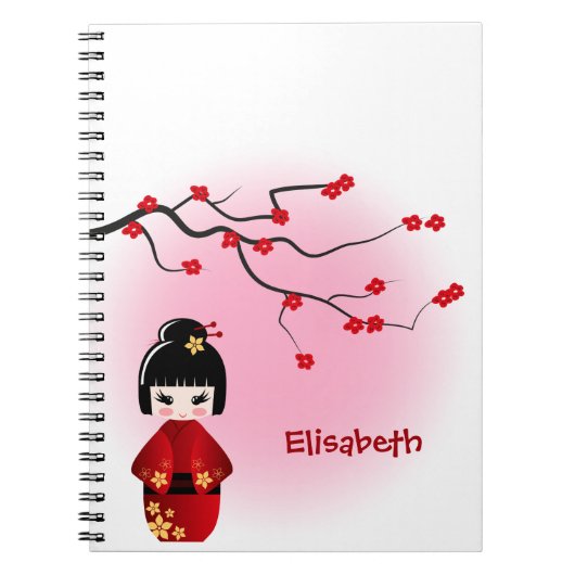 Japanische Kokeshi-Puppe bei Sakura-Blüten Notizblock (Vorderseite)