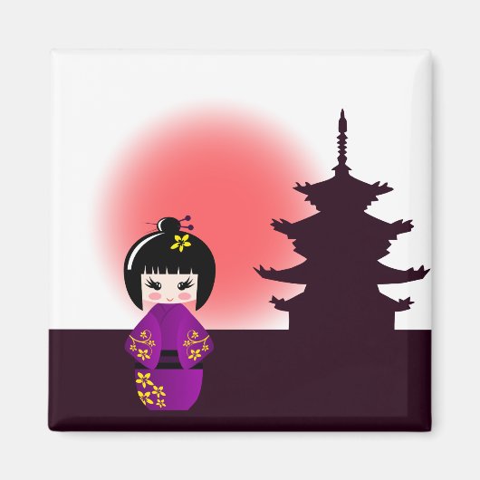 Japanische Kokeshi-Puppe im Tempel bei Sonnenunter Magnet (Vorne)