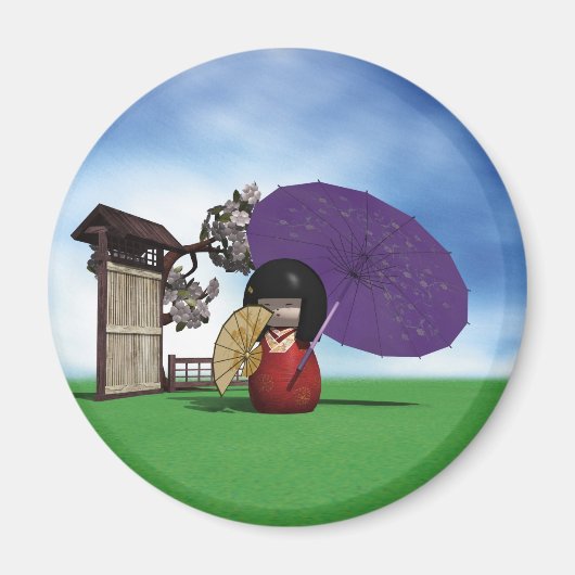Japanische Kokeshi-Puppe Kirschblüten Kunst Magnet (Vorne)