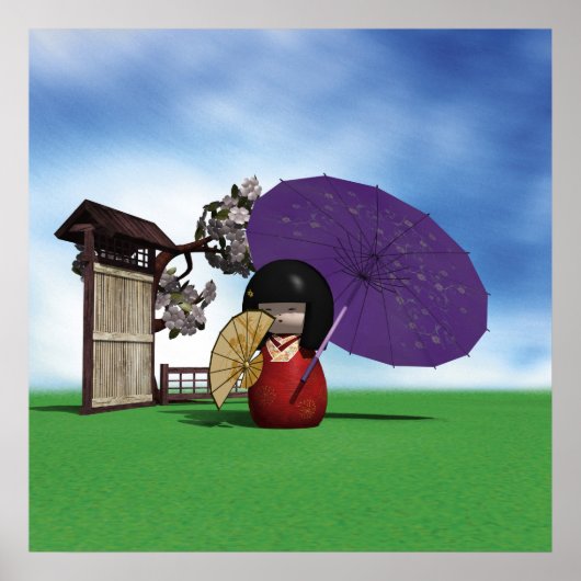Japanische Kokeshi-Puppe Kirschblüten Kunst Poster (Vorne)
