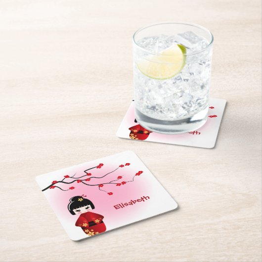 Japanische Kokeshi-Puppe, Sakura-Mädchenname Rechteckiger Pappuntersetzer (Vor Ort)