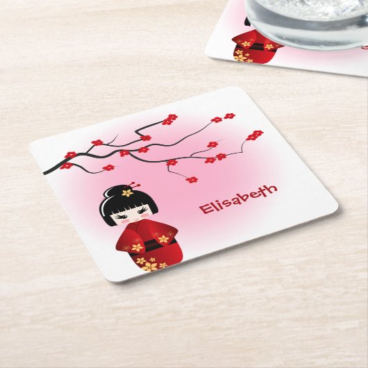 Japanische Kokeshi-Puppe, Sakura-Mädchenname Rechteckiger Pappuntersetzer (angewinkelt)