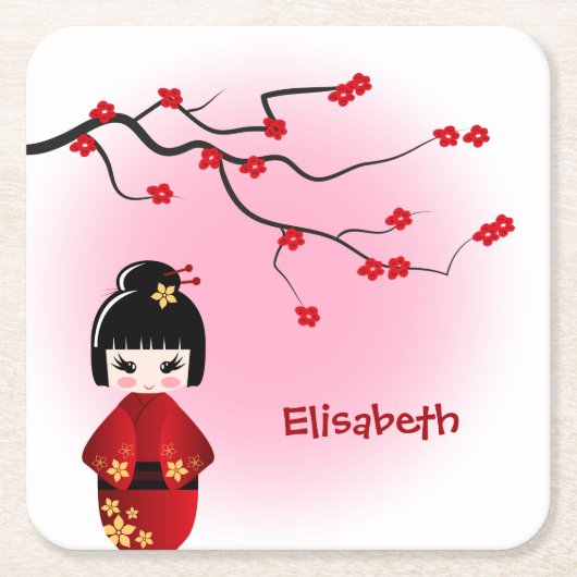 Japanische Kokeshi-Puppe, Sakura-Mädchenname Rechteckiger Pappuntersetzer (Vorderseite)