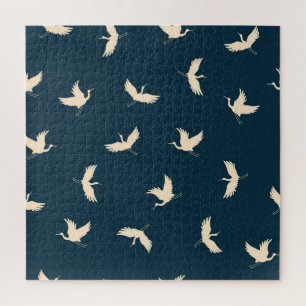 Japanische Kran-Silhouette Vintage-Muster Puzzle
