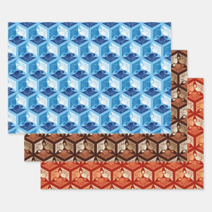 Japanische Krane, blau & weiß, braun, orange Geschenkpapier Set