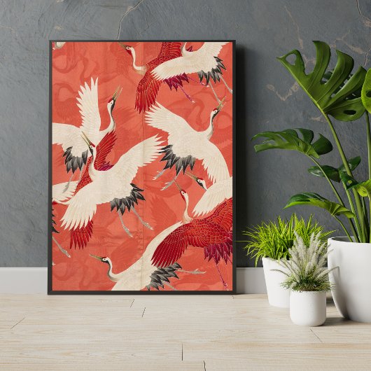 Japanische Krane Burnt Orange Kimono Kunst Poster