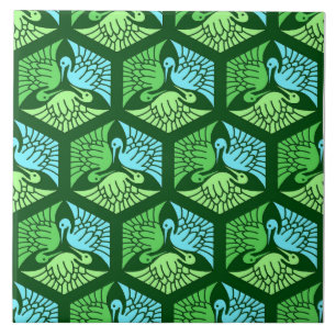 Japanische Krane, Jade Green und Light Blue  Fliese