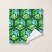 Japanische Kräne, Jade-Grün und hellblaues Badhandtuch Set (Waschlappen)