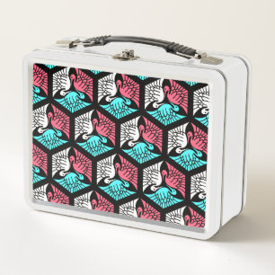 Japanische Krane, Korallen, Türkis und Schwarz Metall Lunch Box