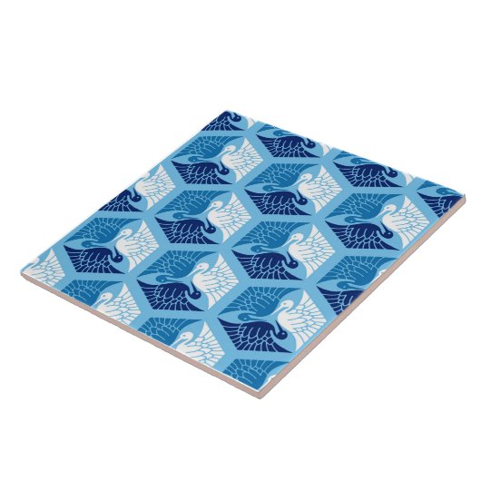 Japanische Krane, Marine, Weiß und Light Blue  Fliese (Seite)
