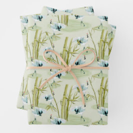 Japanische Krane mit Bambusmuster Geschenkpapier Set