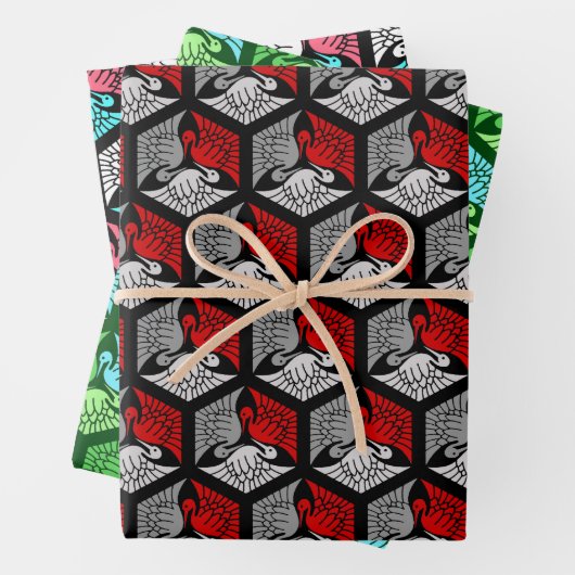 Japanische Krane, rot/grau, grün, schwarz/rosa Geschenkpapier Set (Beispiel)