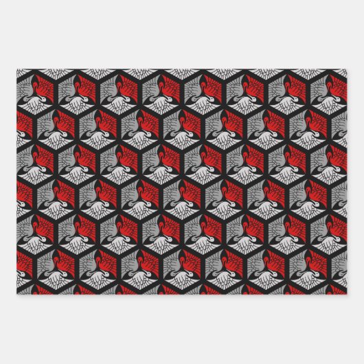 Japanische Krane, rot/grau, grün, schwarz/rosa Geschenkpapier Set (Vorderseite)