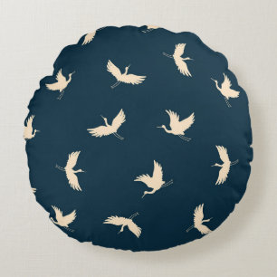 Japanische Krane Silhouette Vintages Muster Rundes Kissen