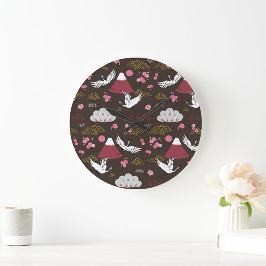 Japanische Krane: Traditionelles nahtloses Muster Große Wanduhr (Zuhause)