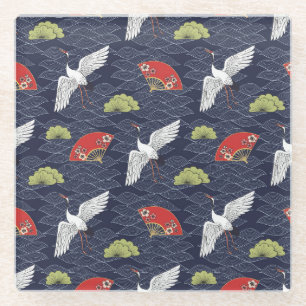 Japanische Krane und Lüfter: Vintages Muster Glasuntersetzer