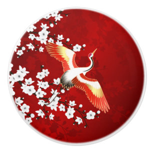 Japanische Krane Weißkirsche Blossom Rot Keramikknauf