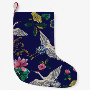 Japanische Krane, Wellen und Blume. Stickereierkra Kleiner Weihnachtsstrumpf